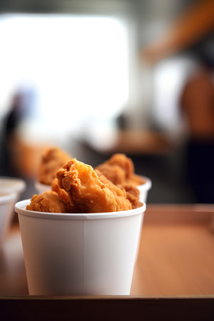 Fried chicken nuggets in a white bowl on a wooden tableの素材