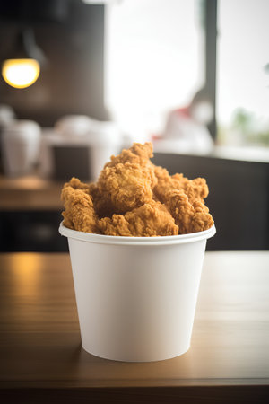 Crispy fried chicken in a white paper cup on wooden table.の素材