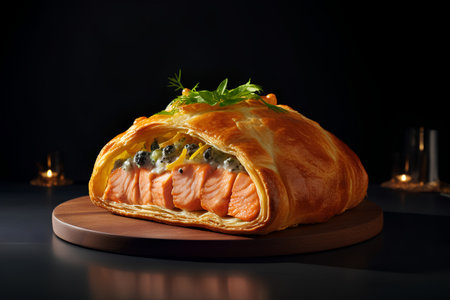 Baked salmon with caviar and fresh herbs on a black backgroundの素材