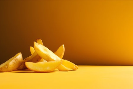 Potato wedges on a yellow background with space for text.の素材