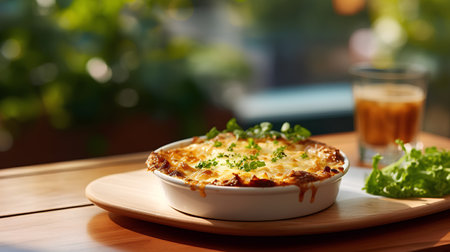 Baked lasagna with cheese and herbs on wooden table in restaurantの素材