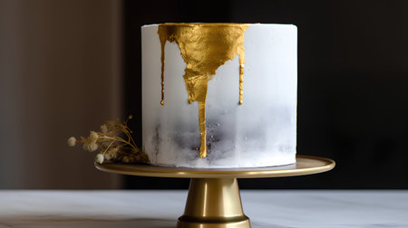 Wedding cake with gold icing on a golden stand on a dark backgroundの素材