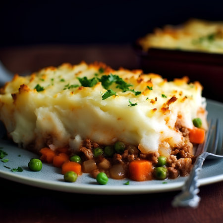 Potato casserole with meat and vegetables on a wooden backgroundの素材
