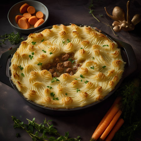 Potato pie with meat and cheese on a dark background, top viewの素材
