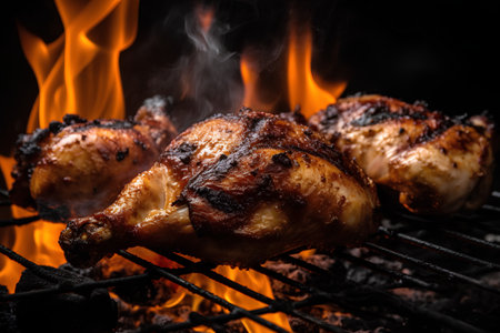 Grilled chicken legs on the grill with flames on a black backgroundの素材