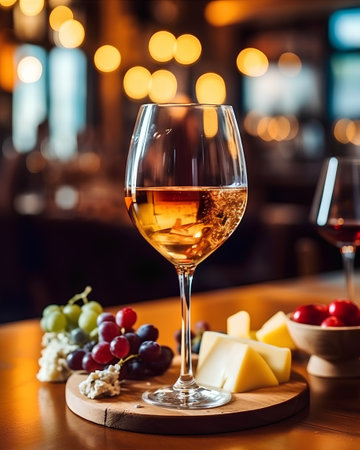 Wine glass and cheese on a wooden table in a restaurant.の素材