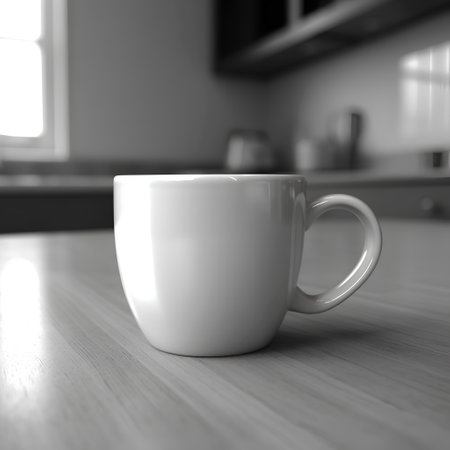 Coffee cup on the table in black and white tone.の素材