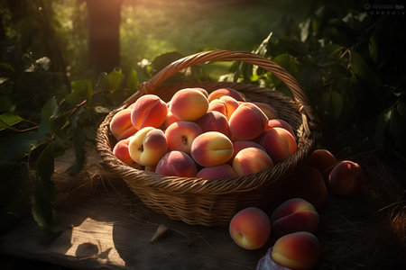 Fresh peaches in a wicker basket on a wooden table.の素材