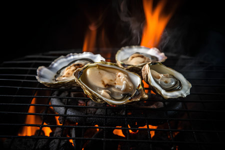 Fresh oysters on the barbecue grill with flames. Shallow depth of fieldの素材