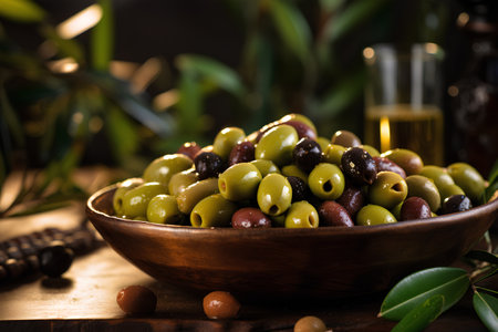 Green and black olives in a wooden bowl on a wooden tableの素材