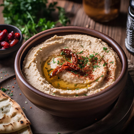 Bowl of hummus with olive oil and sun-dried tomatoesの素材