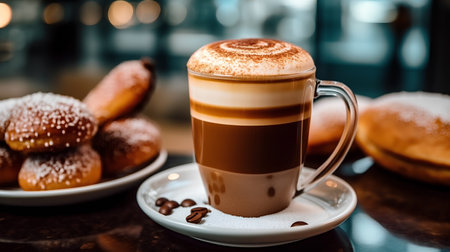 Cappuccino with donuts on a table in a cafeの素材