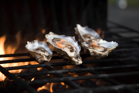 Oysters on the grill with flames in the background. Selective focus.の素材