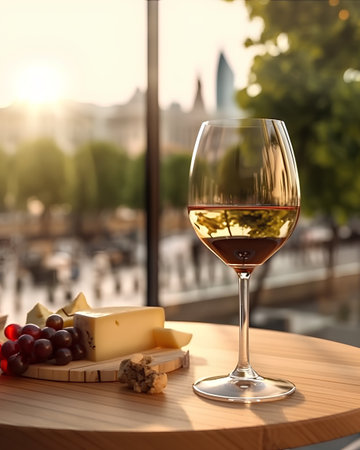 Glass of white wine with cheese and grapes on a table in a restaurantの素材