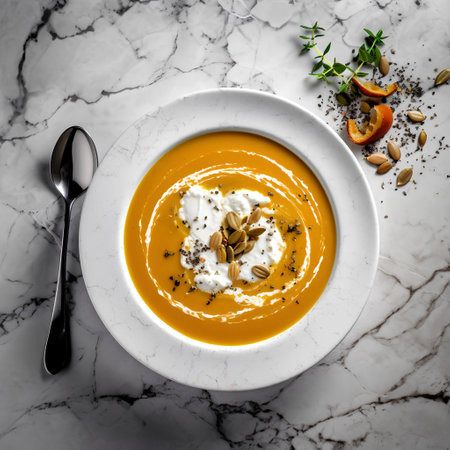 Pumpkin soup with cream and pumpkin seeds on white marble backgroundの素材