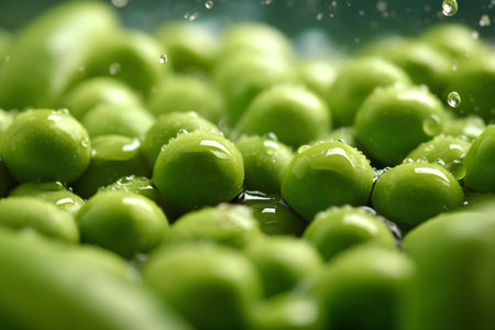 Green peas with drops of water, macro photo, shallow depth of fieldの素材