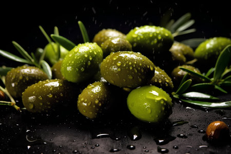 Green olives with leaves on a black background with water drops.の素材