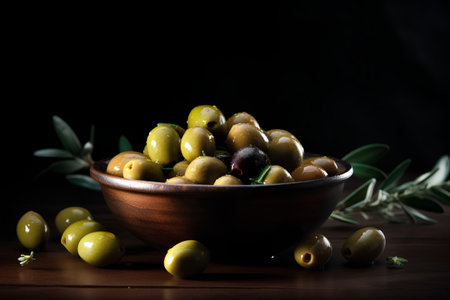 Green olives in a wooden bowl on a dark background. Selective focus.の素材