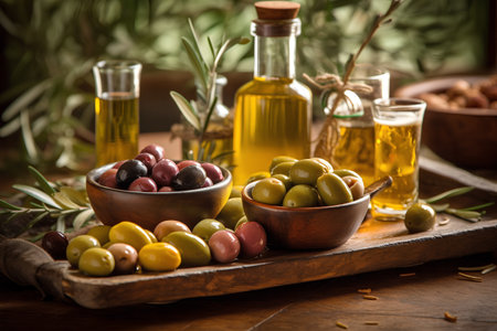 olives and olive oil on a wooden table in rustic styleの素材
