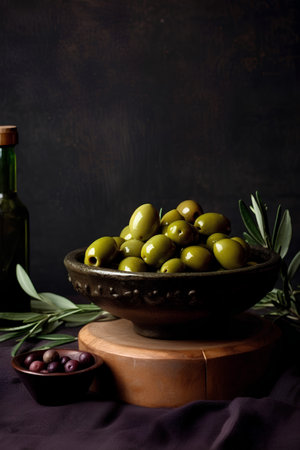 Green olives in a bowl and olive oil on a dark backgroundの素材