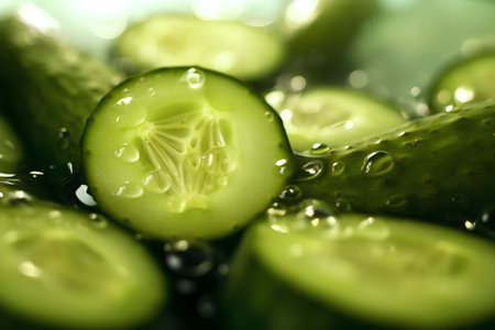 Cucumber and slices of cucumber in water. Selective focusの素材