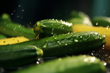 Fresh zucchini with water drops on dark background, close upの素材