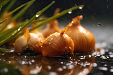 Sprouting onions on a black background. Shallow depth of field.の素材