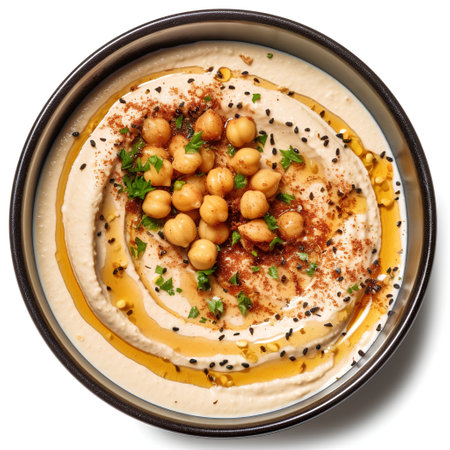 Bowl of hummus with chickpeas isolated on white backgroundの素材