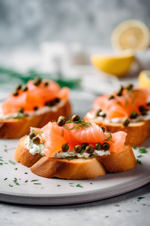 Bruschetta with smoked salmon, cream cheese and capersの素材