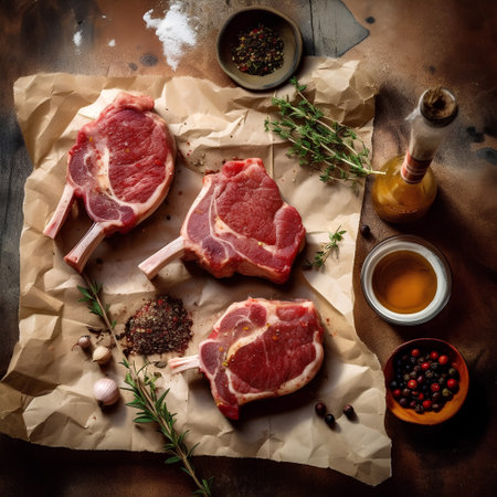 Raw pork chops with spices and herbs on rustic background, top viewの素材