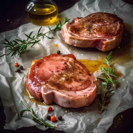 Pork steaks with rosemary and spices on a wooden backgroundの素材