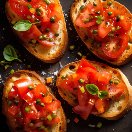 Italian bruschetta with tomatoes and basil on a black backgroundの素材