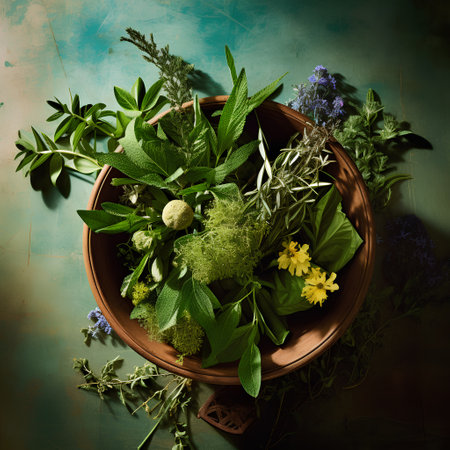 Herbs in a wooden bowl over rustic background. Toned.の素材