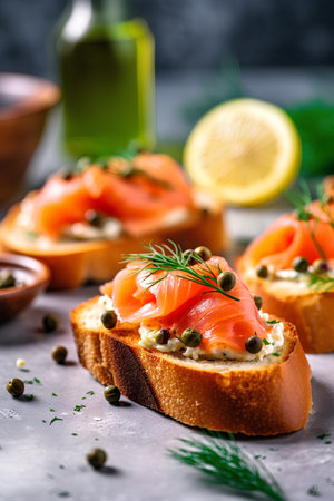Bruschetta with smoked salmon, cream cheese and capersの素材