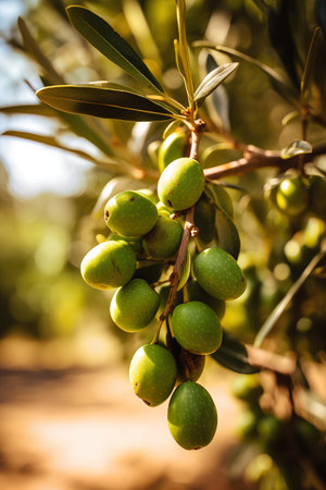 Olive branch with green olives. Olive grove in Cyprus.の素材