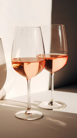 Two glasses of rose wine on white table with shadow on wall.の素材