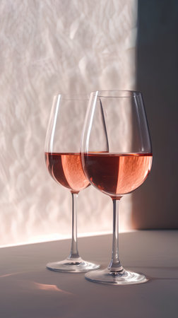Two glasses of rose wine on a table against the background of the wall.の素材