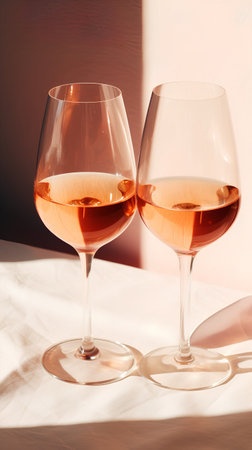 Two glasses of rose wine on a table in sunlight. Toned.の素材