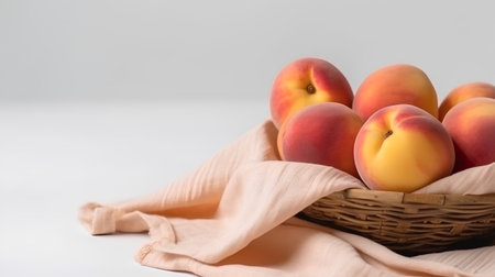 Ripe peaches in a wicker basket on a light backgroundの素材