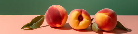 Fresh peaches with green leaves on pink and green background. Minimal still lifeの素材