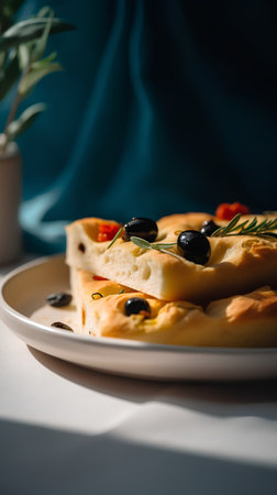 Traditional Italian focaccia bread with olives and rosemary, selective focusの素材