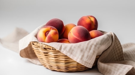 Ripe peaches in a wicker basket on a white backgroundの素材