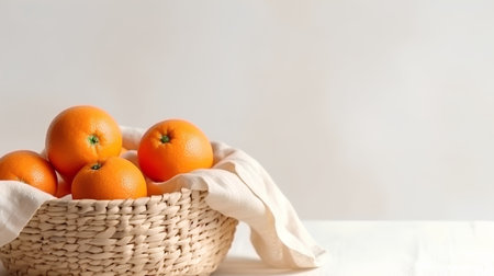 Fresh tangerines in a basket on white wooden table with copy spaceの素材