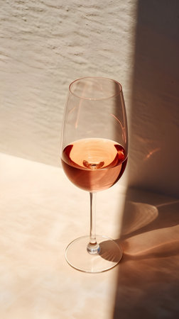 Wineglass with red wine on table in sunlight, closeupの素材