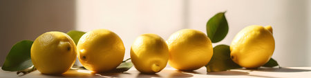 Ripe yellow lemons with green leaves on a light background.の素材