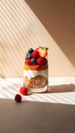 Healthy breakfast with yogurt, muesli and berries in glass on tableの素材