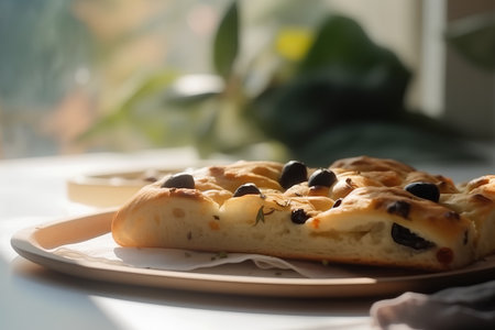 Traditional italian focaccia bread with black olives, selective focusの素材