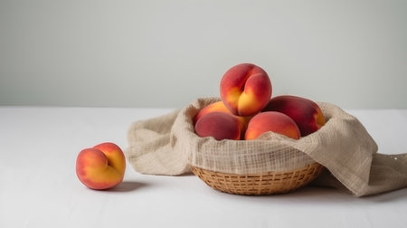 Fresh ripe peaches in a wicker basket on a white tableの素材