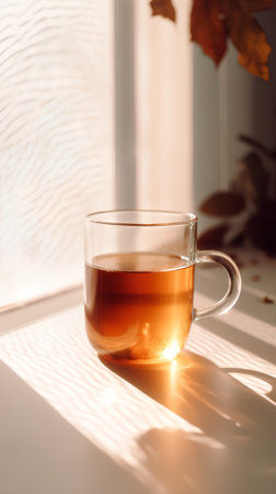 A cup of tea on the windowsill in the morning sunlight.の素材