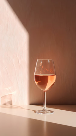 Glass of rose wine on table in sunlight. Minimalistic still lifeの素材